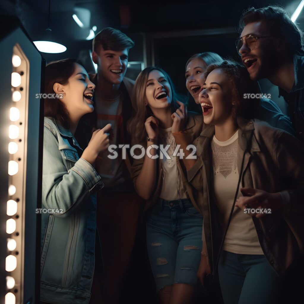 A group of friends gathered around a karaoke machine sing one