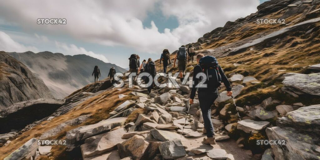 A group of hikers trekking up a rocky mountain trail colo