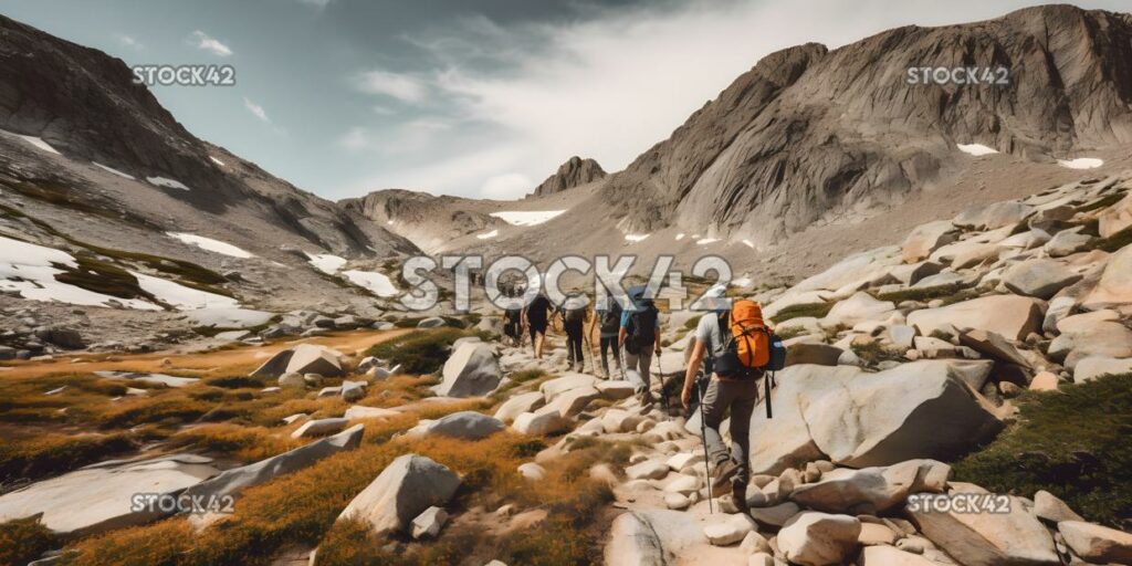 Un grupo de excursionistas subiendo por un sendero de montaña rocosa colo uno