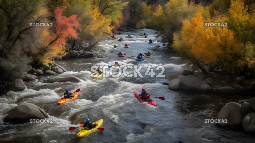 Eine Gruppe von Kajakfahrern auf einem Fluss mit Stromschnellen