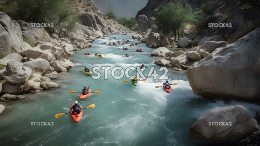 Eine Gruppe von Kajakfahrern, die einen reißenden Fluss befahren, färbt einen