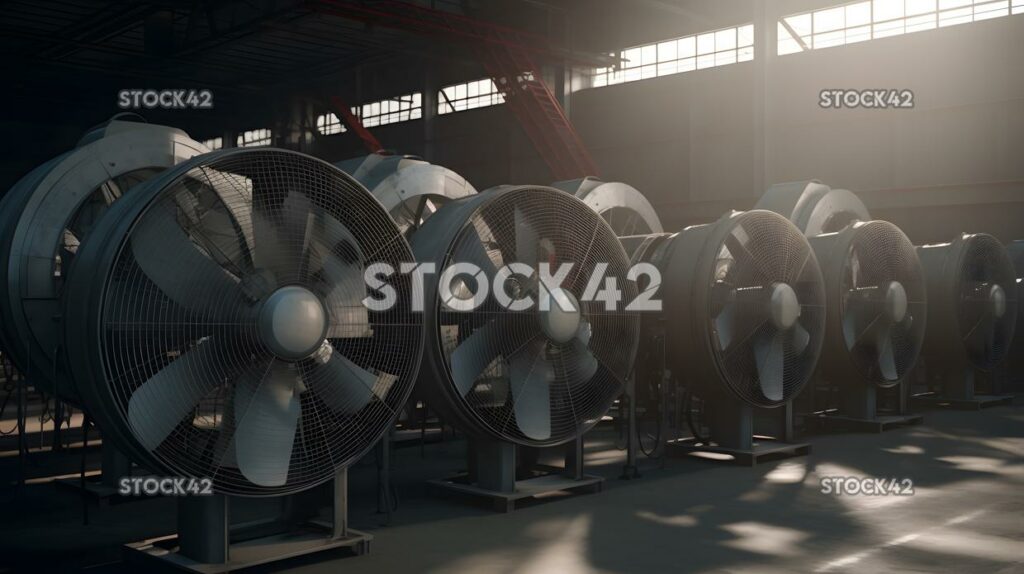 A group of large industrial fans cooling a factory floor  one