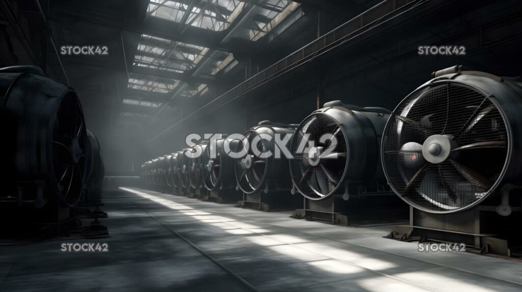 A group of large industrial fans cooling a factory floor  two