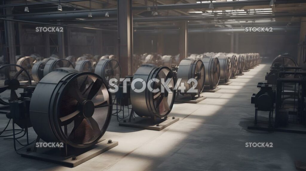 A group of large industrial fans cooling a factory floor_