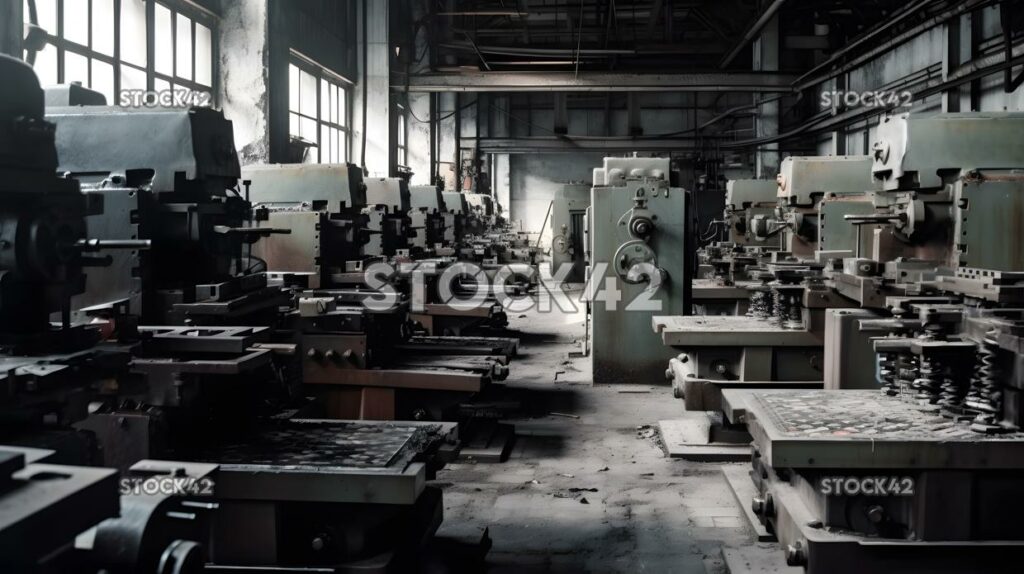 A group of machines stamping metal parts in a factory