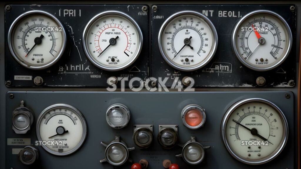 A group of mechanical gauges and dials on a control panel