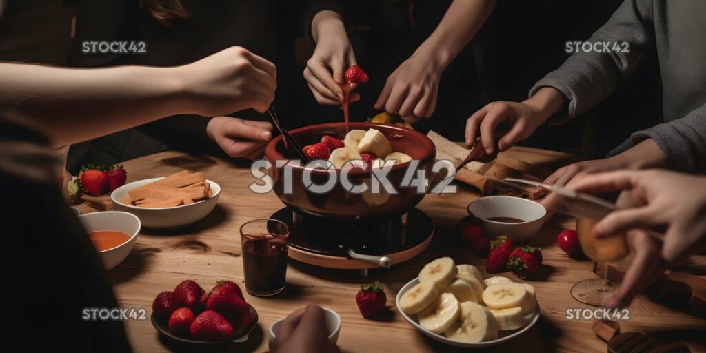 A group of people gathered around a fondue pot dipping br