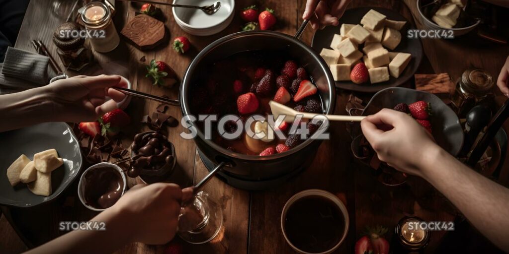 A group of people gathered around a fondue pot dipping br one