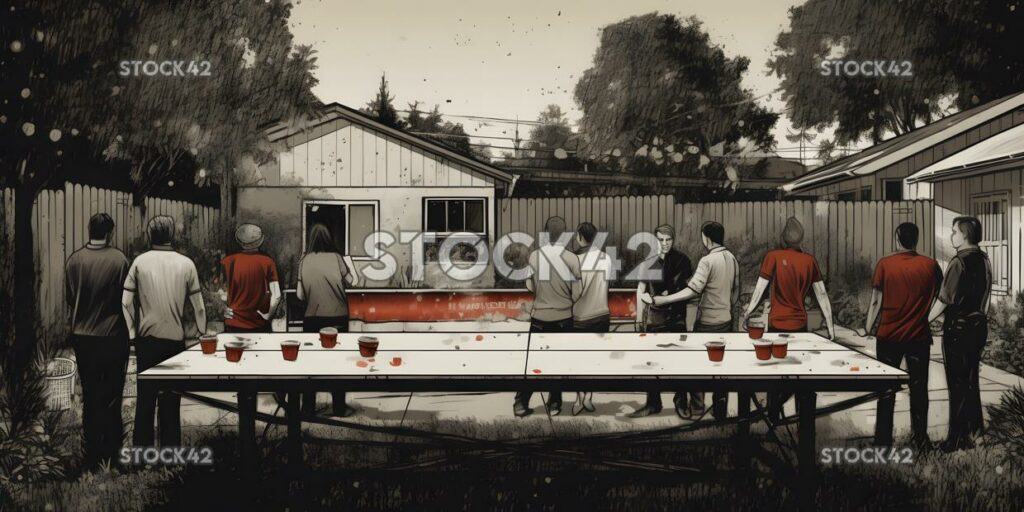 A group of people playing beer pong at a backyard barbecu