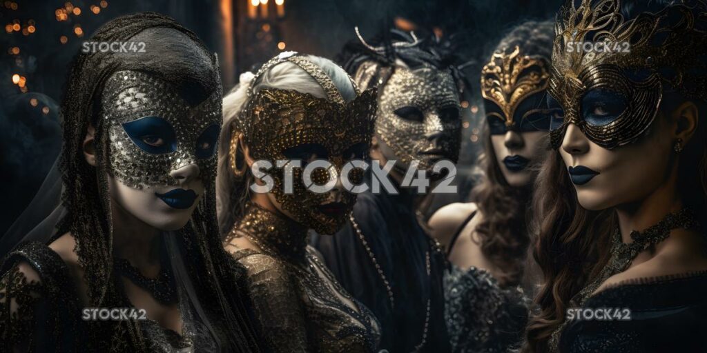 A group of people wearing masks and beads at a masquerade