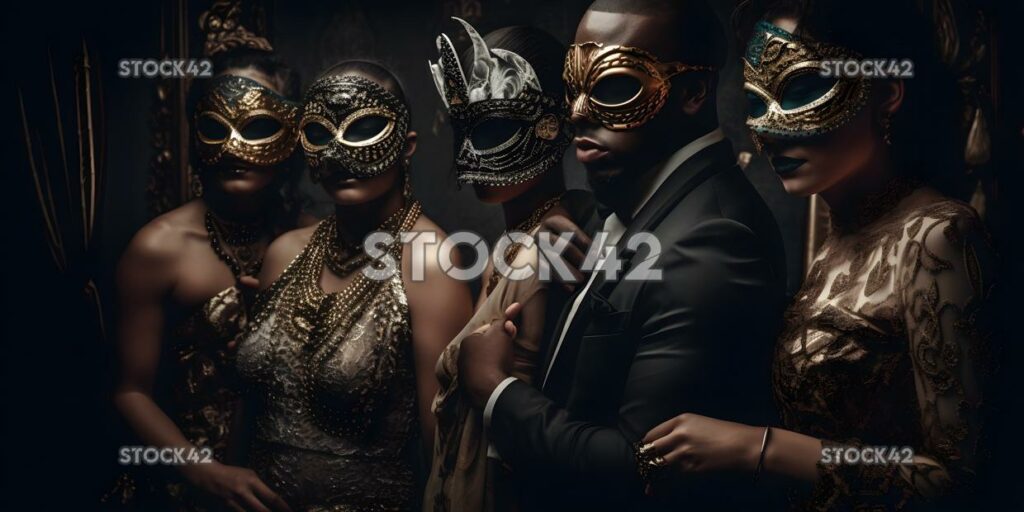 A group of people wearing masks and beads at a masquerade one