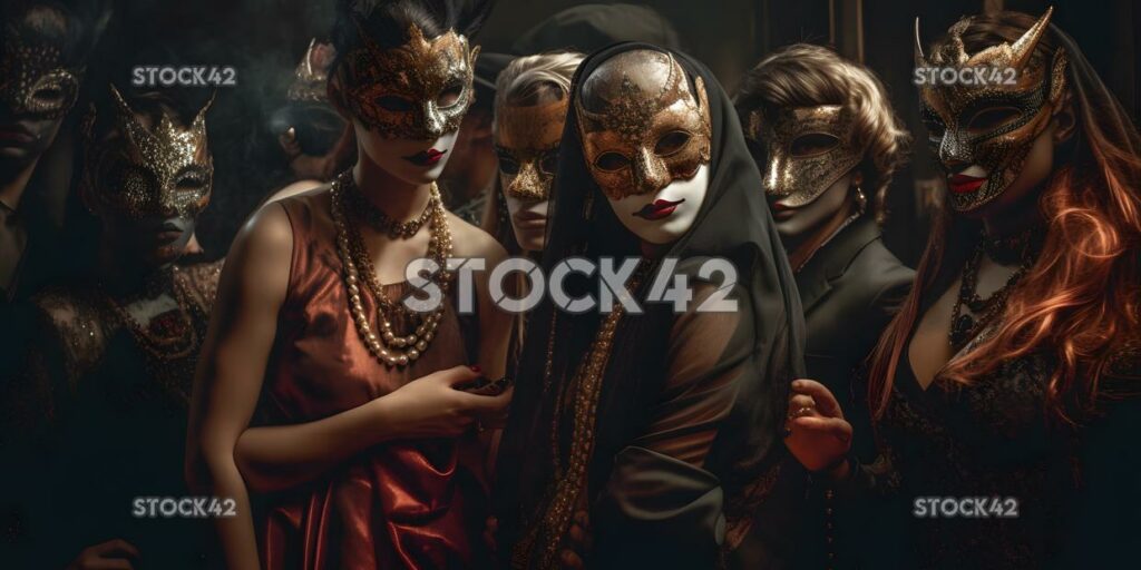 A group of people wearing masks and beads at a masquerade three