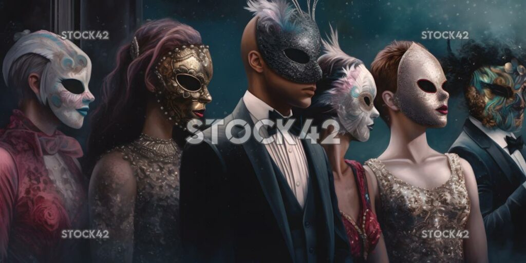 A group of people wearing masks and beads at a masquerade two