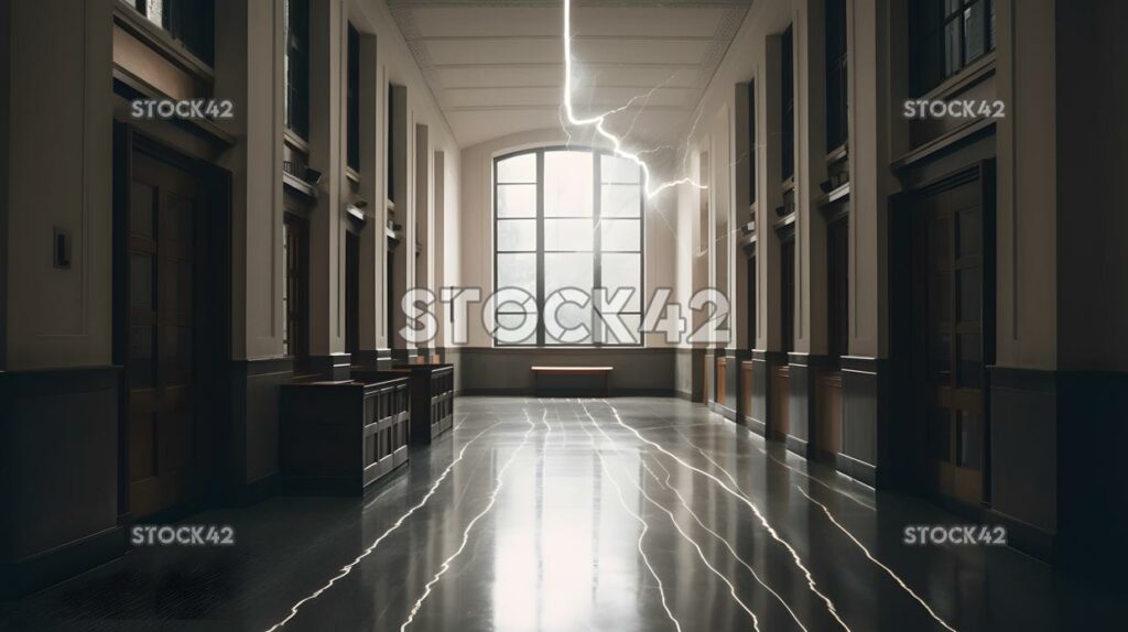 A hallway in a university building with a large window at