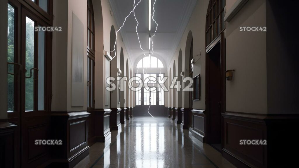 A hallway in a university building with a large window at one