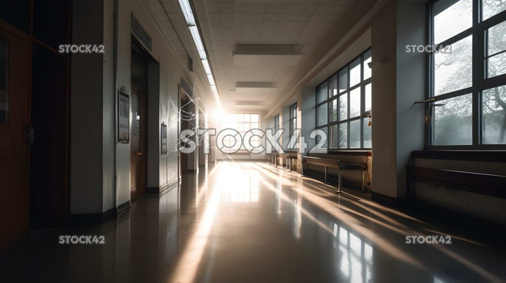 Ein Flur in einem Universitätsgebäude mit einem großen Fenster an zwei