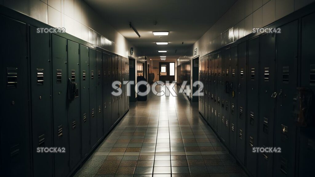 A hallway in a university building with lockers and poste