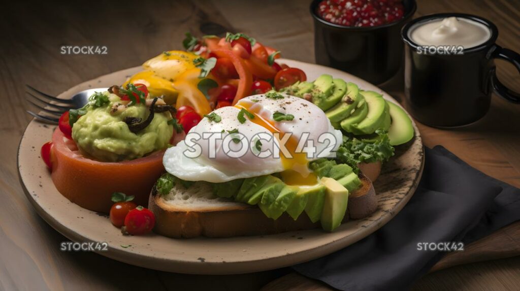 A healthy breakfast plate with avocado toast poached eggs