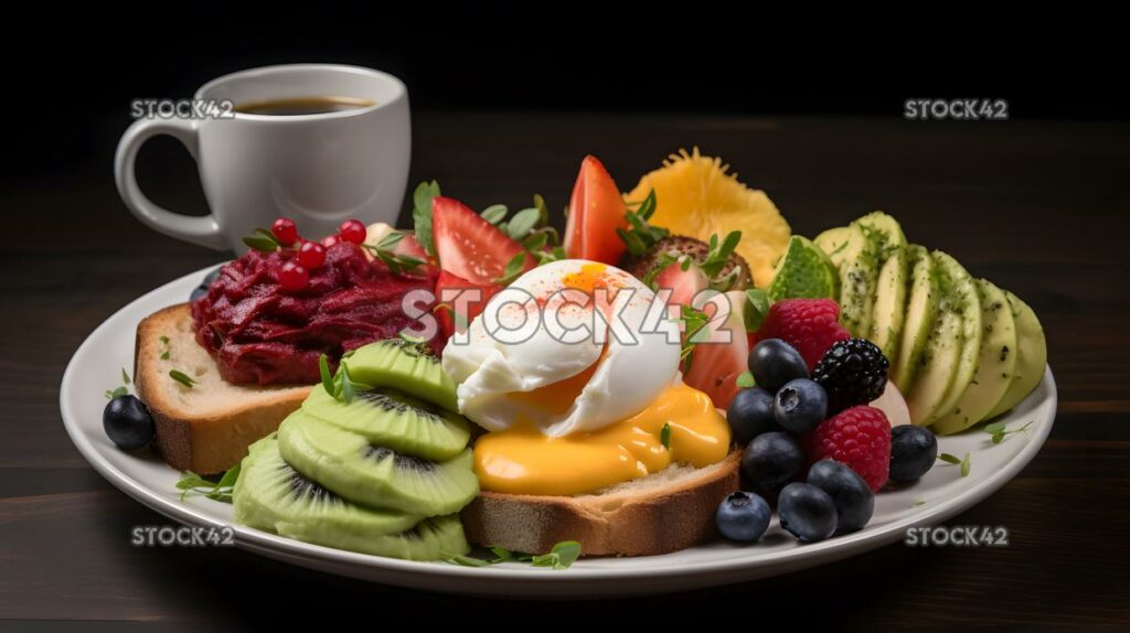 Ein gesunder Frühstücksteller mit Avocado-Toast, pochierten Eiern