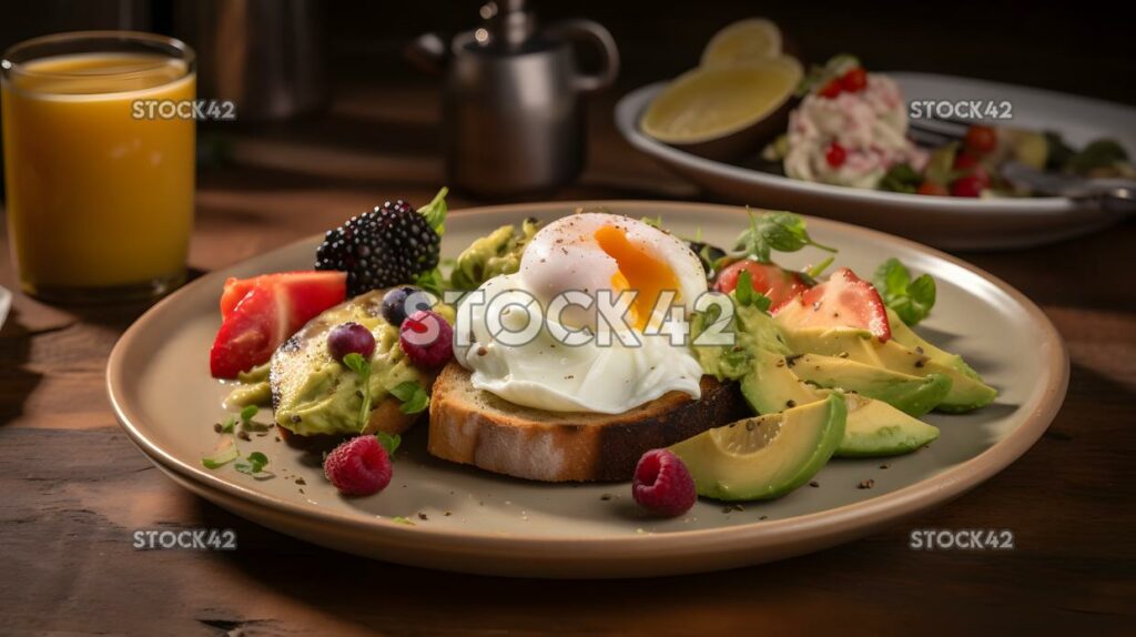 Ein gesunder Frühstücksteller mit Avocado-Toast, pochierten Eiern drei