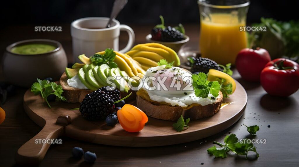 A healthy breakfast plate with avocado toast poached eggs two