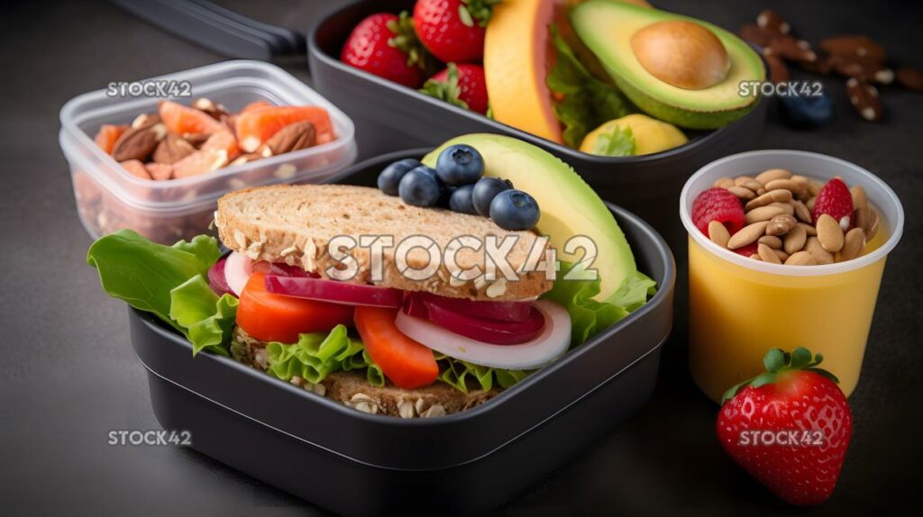 Una lonchera saludable llena de una ensalada de sándwich y fresca