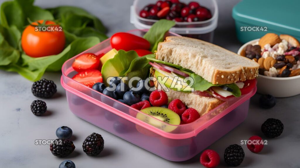 A healthy lunchbox filled with a sandwich salad and fresh one