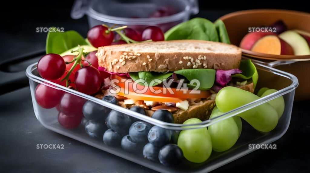 A healthy lunchbox filled with a sandwich salad and fresh three