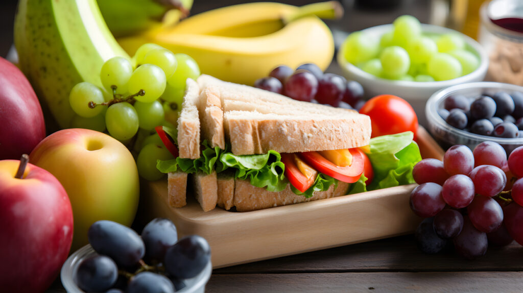 Eine gesunde Lunchbox gefüllt mit einem Sandwichsalat und zwei frischen