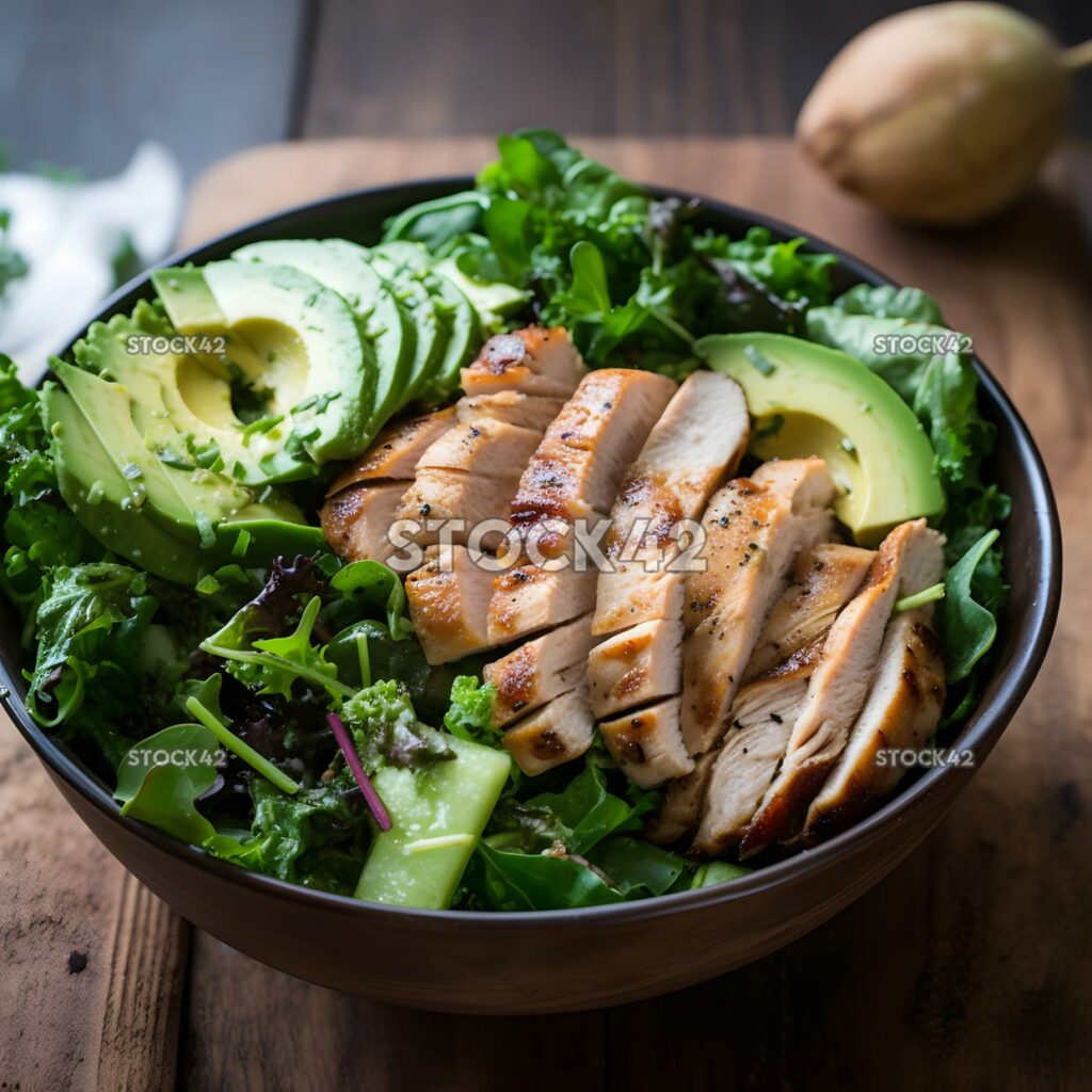 A healthy salad with mixed greens grilled chicken and avo