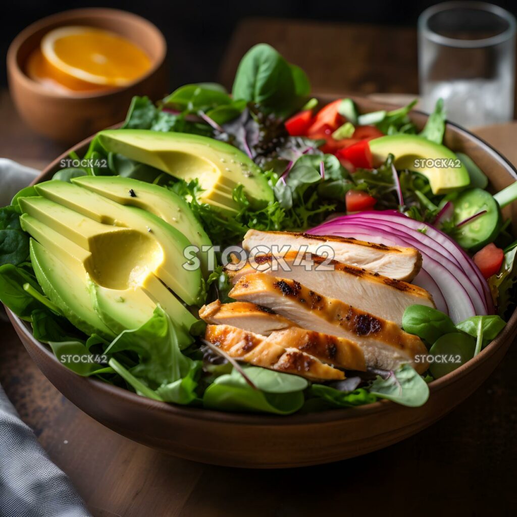 A healthy salad with mixed greens grilled chicken and avo one