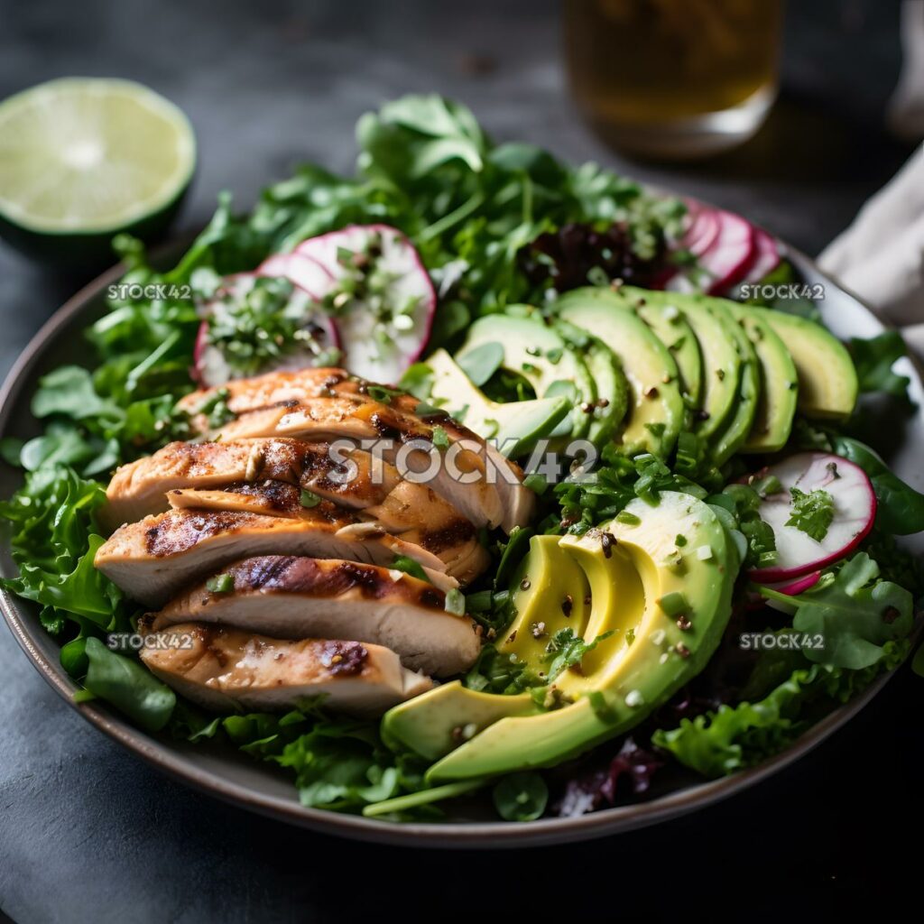 Ein gesunder Salat mit gemischtem Gemüse, gegrilltem Hähnchen und Avo Three