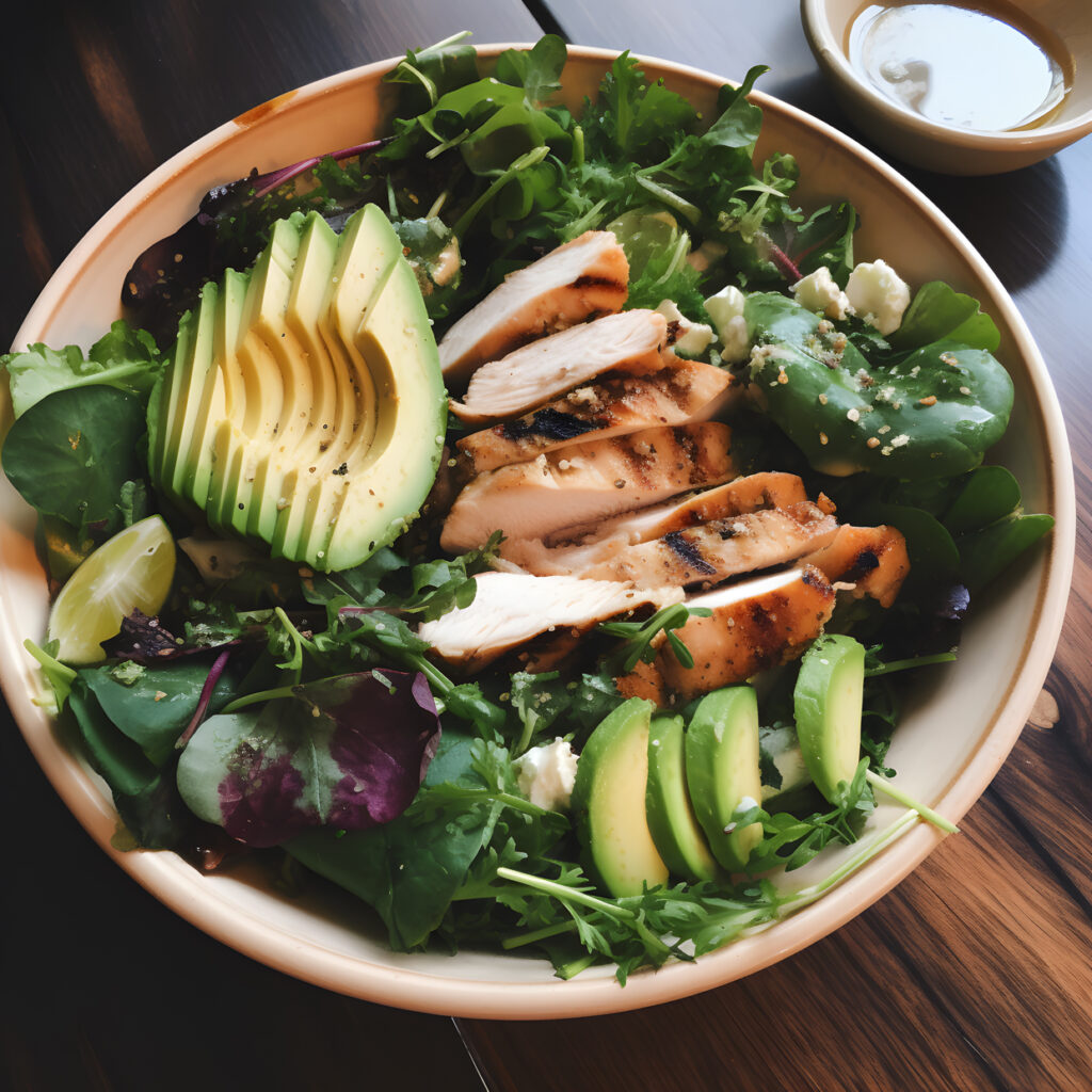 A healthy salad with mixed greens grilled chicken and avo two