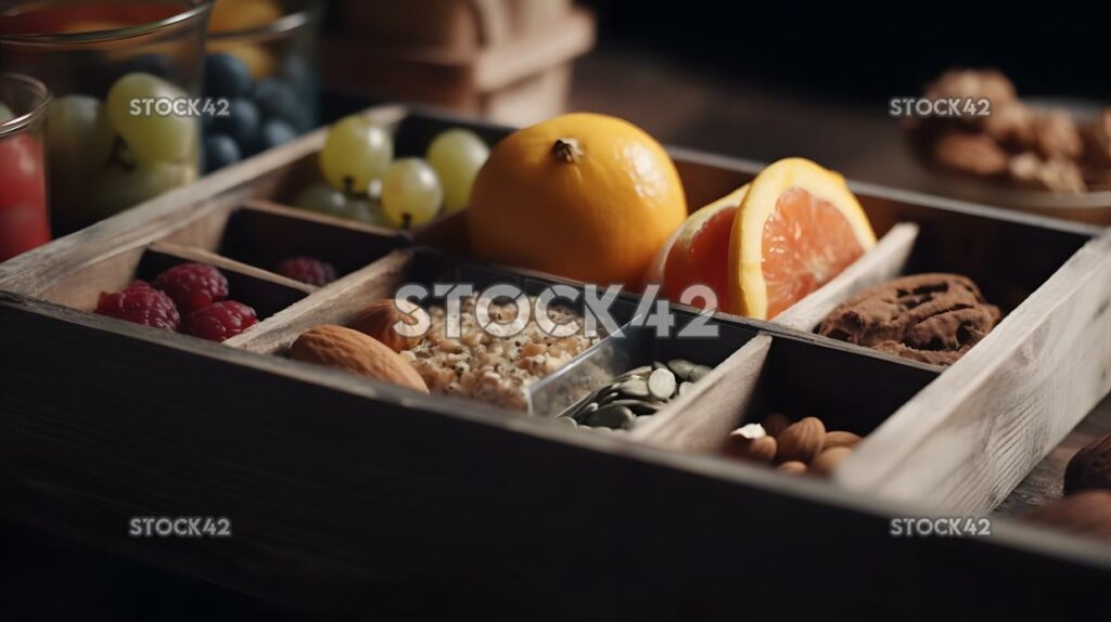 Una caja de snacks saludables con frutas, frutos secos y barritas energéticas de cine