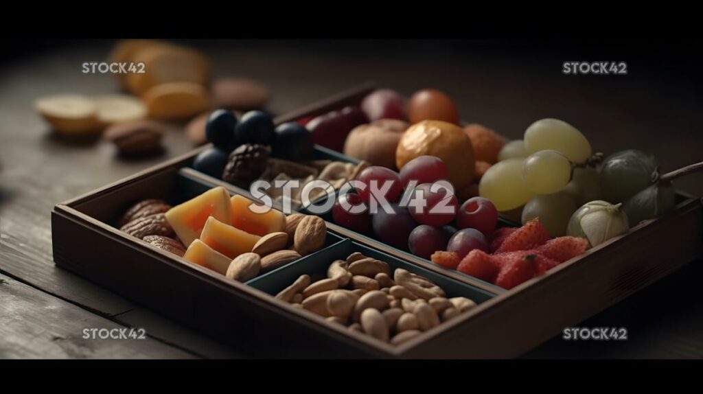 A healthy snack box with fruits nuts and energy bars cine one