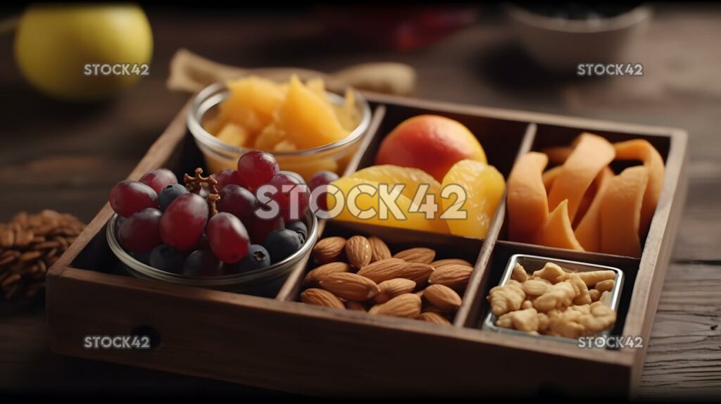 A healthy snack box with fruits nuts and energy bars cine three