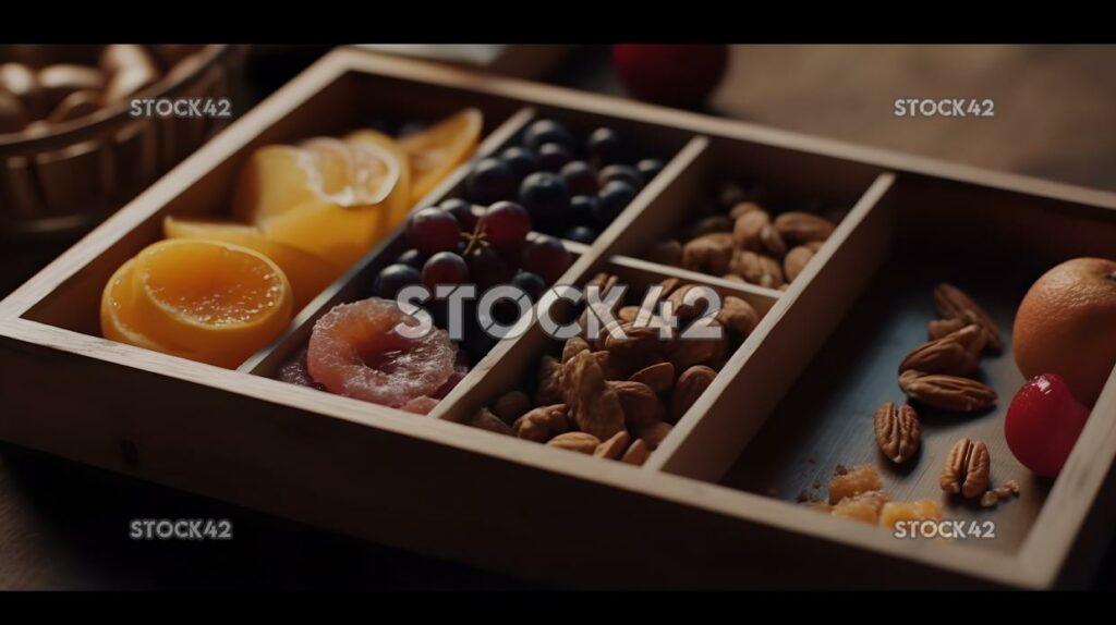 A healthy snack box with fruits nuts and energy bars cine two