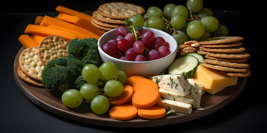 Un plato de merienda saludable con palitos de verduras, queso y cr