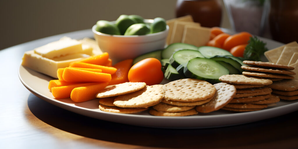 Ein gesunder Snackteller mit Gemüsesticks, Käse und Cr One