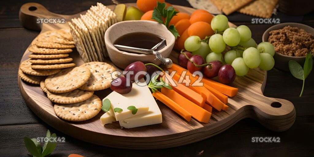 Ein gesunder Snackteller mit Gemüsesticks, Käse und Cr Three