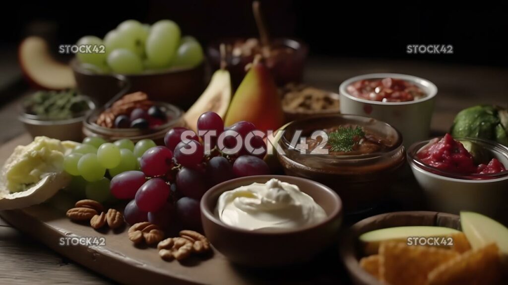 Eine gesunde Snackplatte mit Früchten, Nüssen und einer Vielzahl von