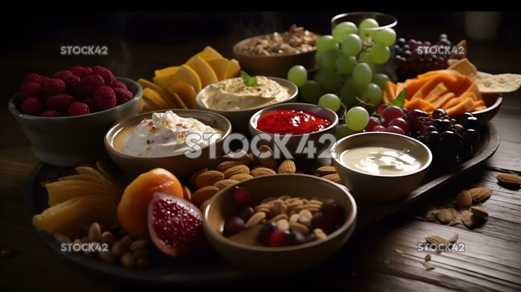 A healthy snack platter with fruits nuts and a variety of one