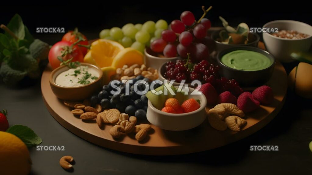 Eine gesunde Snackplatte mit Früchten, Nüssen und einer Vielzahl von drei