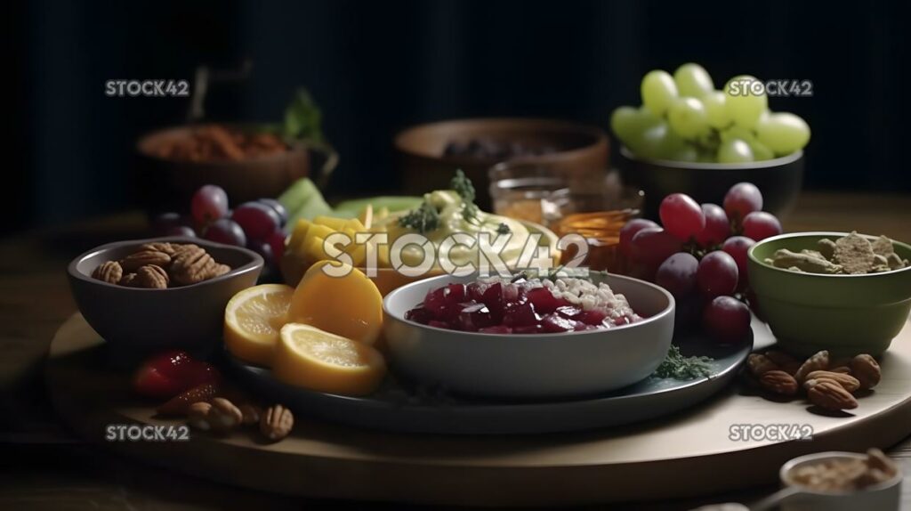 Eine gesunde Snackplatte mit Früchten, Nüssen und einer Vielzahl von zwei