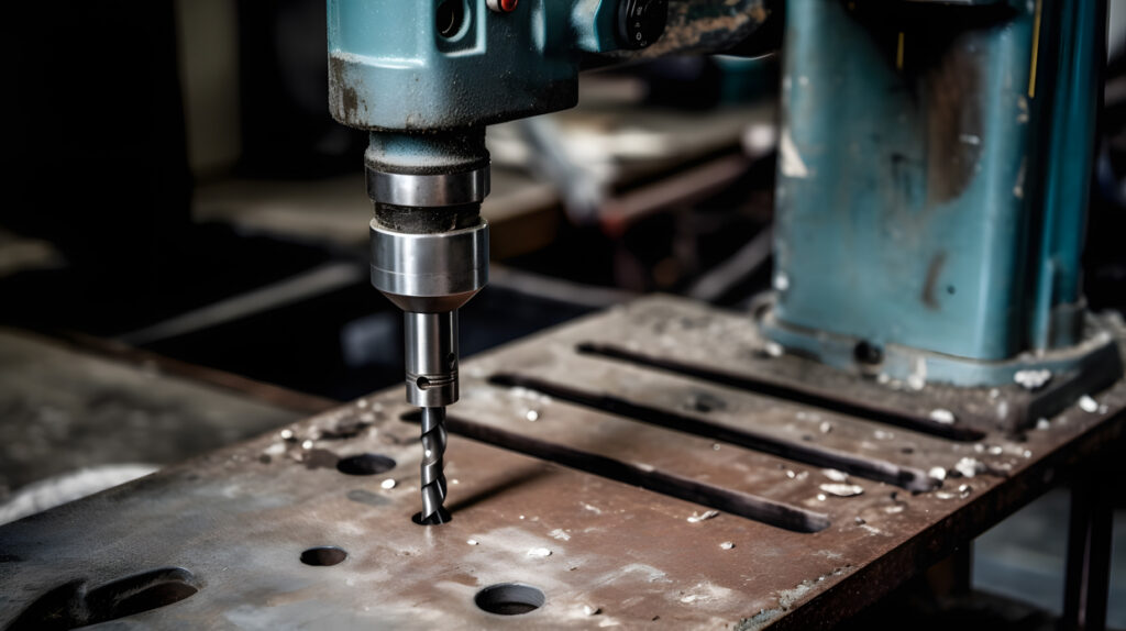 Un taladro industrial de servicio pesado perforando en un surco de metal