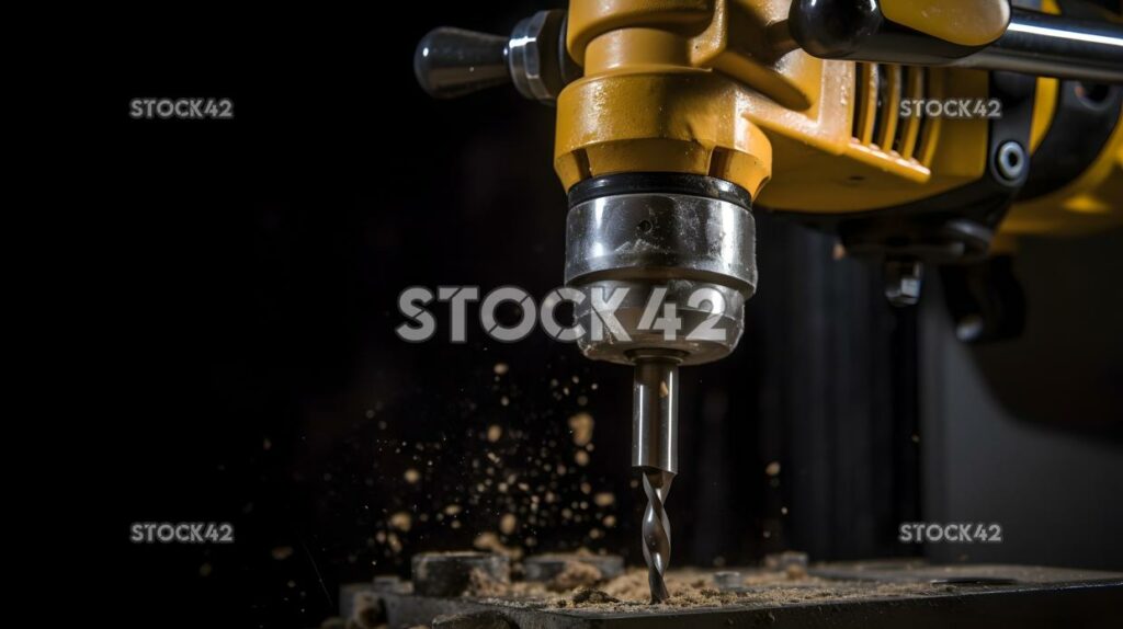 A heavy-duty industrial drill drilling into a metal surfa three