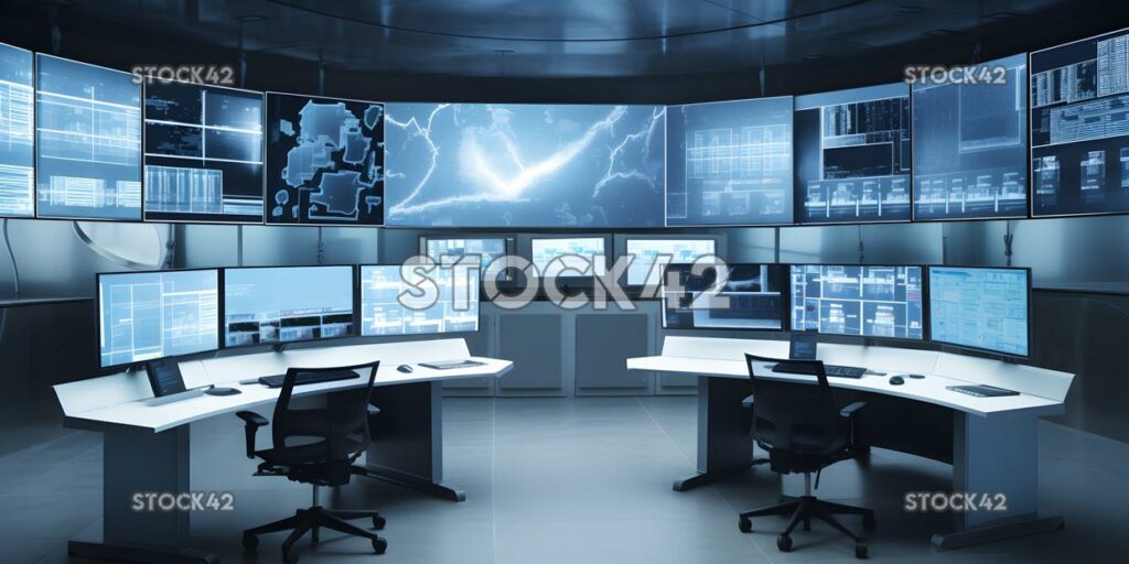 A high-tech security room with multiple screens