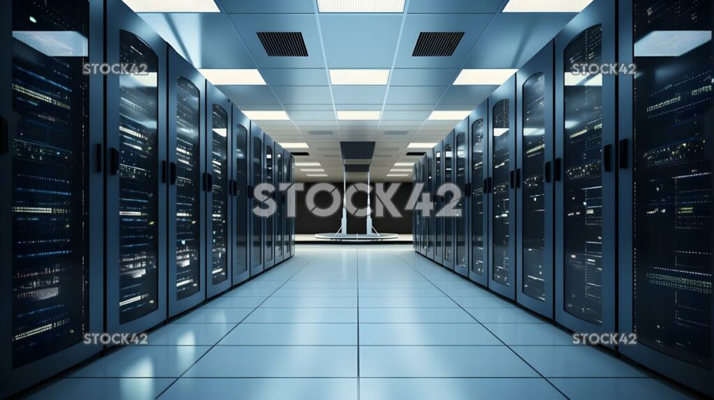 A high-tech server room with multiple racks and cables