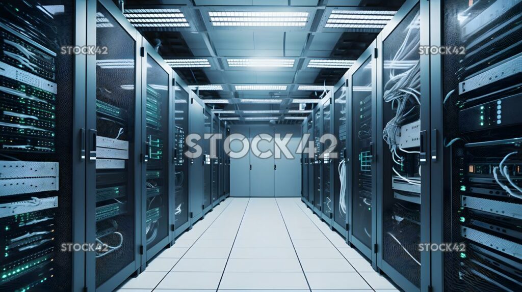 A high-tech server room with multiple racks and cables one