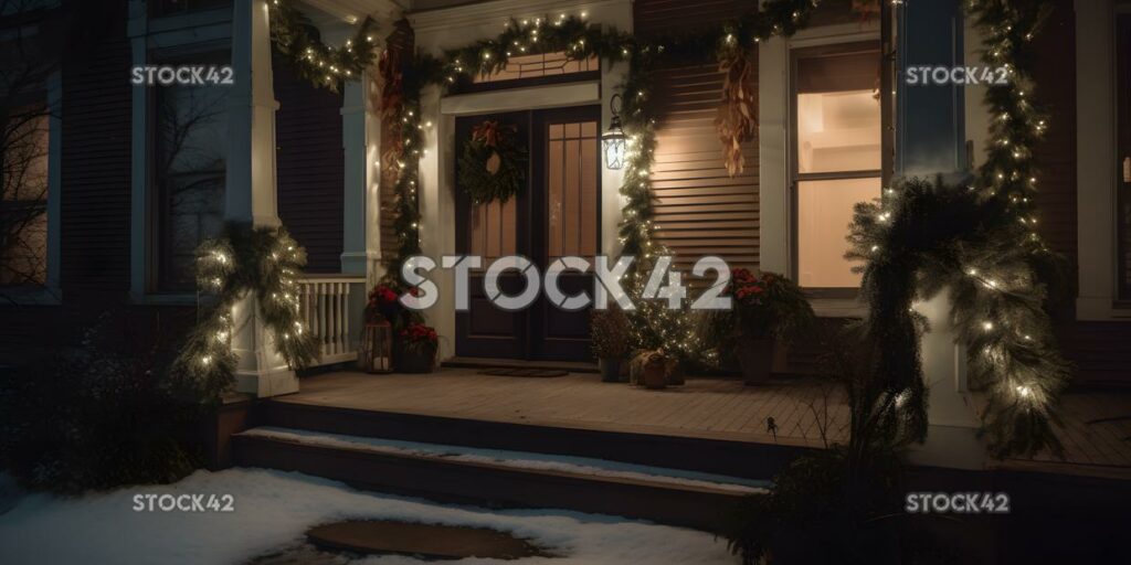 A holiday-themed front porch with garland and lights colo